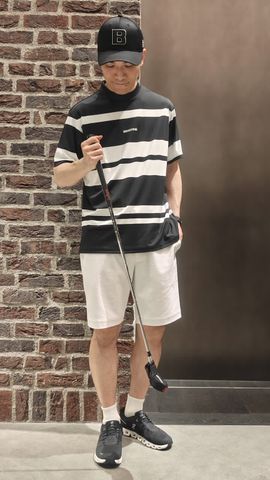 新品★19,800円 黒白S BRIEFING 半袖ストライプハイネックシャツ MEN'S PANEL STRIPE HIGHNECK（リラックスフィット）（メンズ パネル