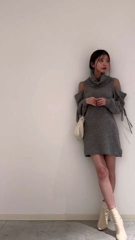 シースルーショルダーミニニットワンピース(ミニワンピース